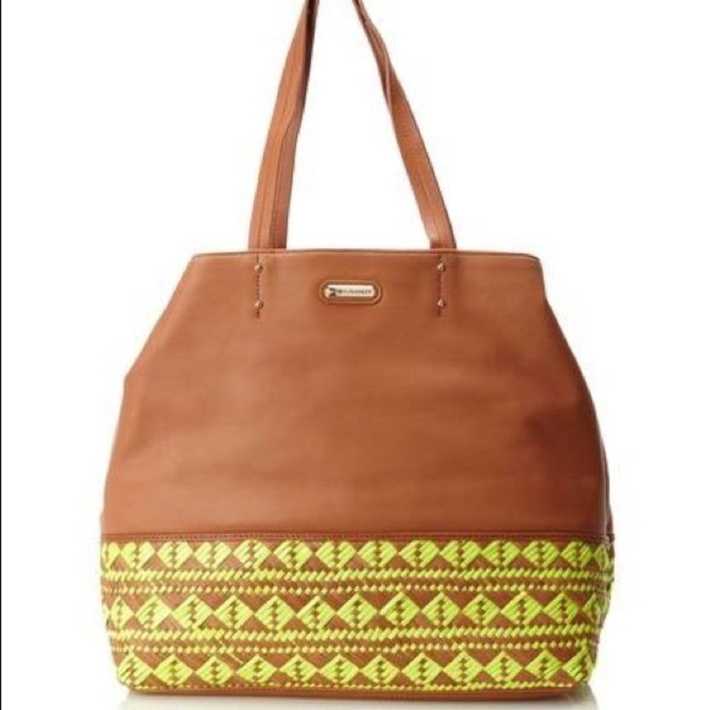 🎒 Woven TOKI Tote Neon Yellow & Almond Rebecca Minkoff